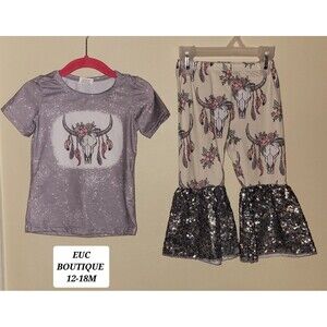 Bull Skull and Sequin Bell Bottoms Pants Toddler Outfit Size 12-18m Boutique EUC